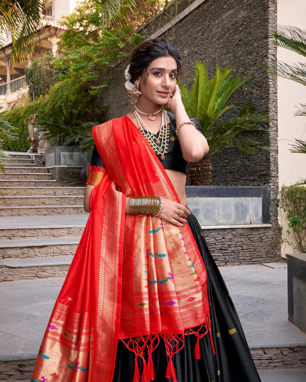 Womenline Black Color Jacquard Silk Zari Weaving Work Half Saree
