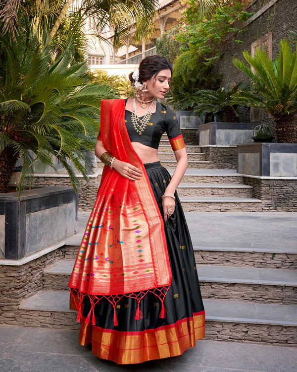 Womenline Black Color Jacquard Silk Zari Weaving Work Half Saree