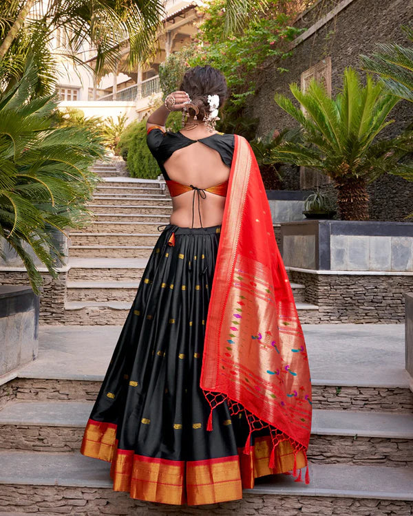Womenline Black Color Jacquard Silk Zari Weaving Work Half Saree