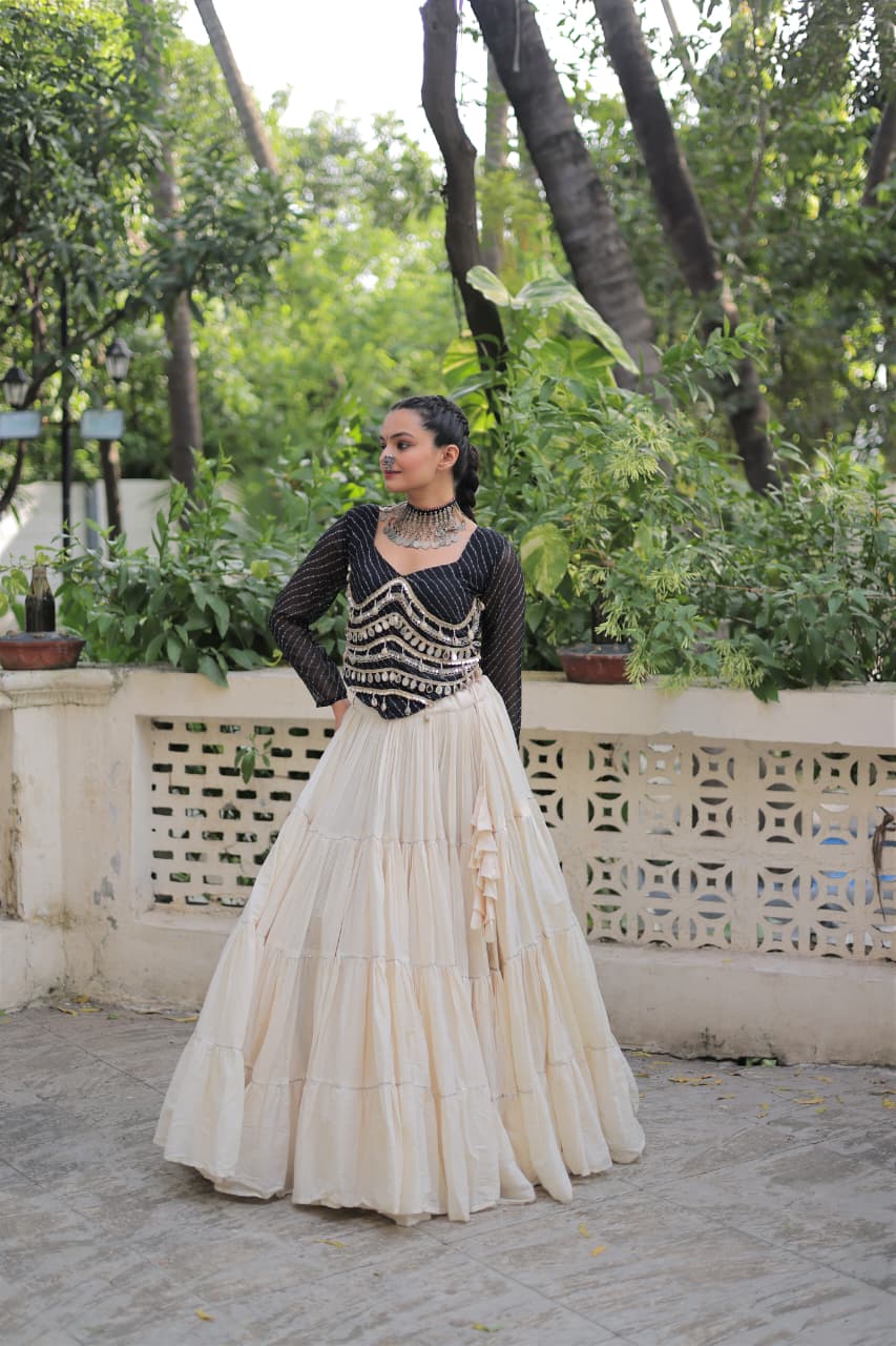 Womenline Black Color Kora Cotton Navratri Lehenga Choli