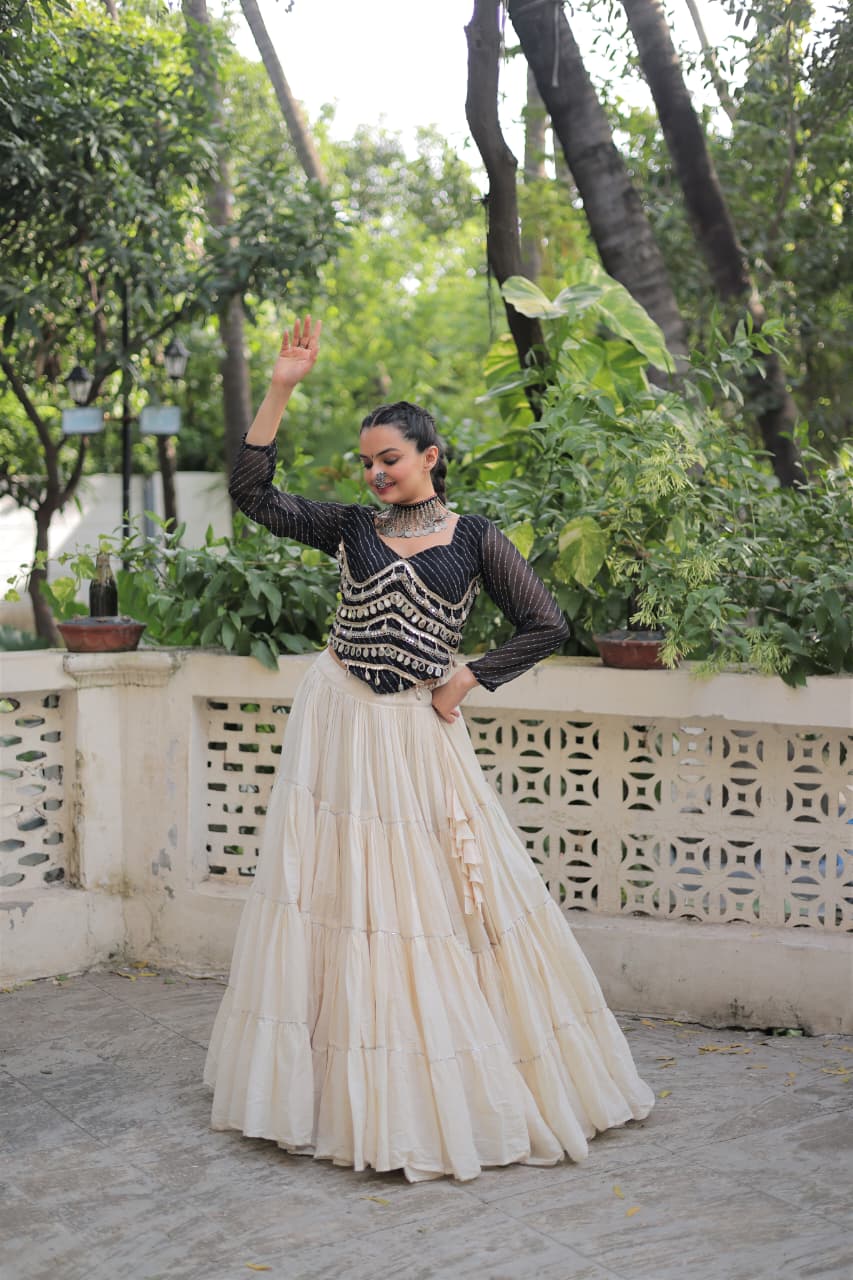 Womenline Black Color Kora Cotton Navratri Lehenga Choli