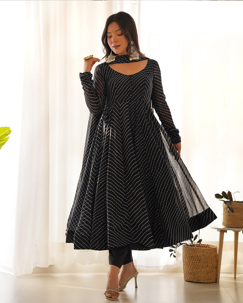 Womenline Black Color Laheriya Print Georgette Three Piece Anarkali Suit