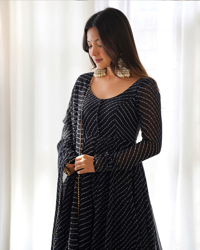 Womenline Black Color Laheriya Print Georgette Three Piece Anarkali Suit