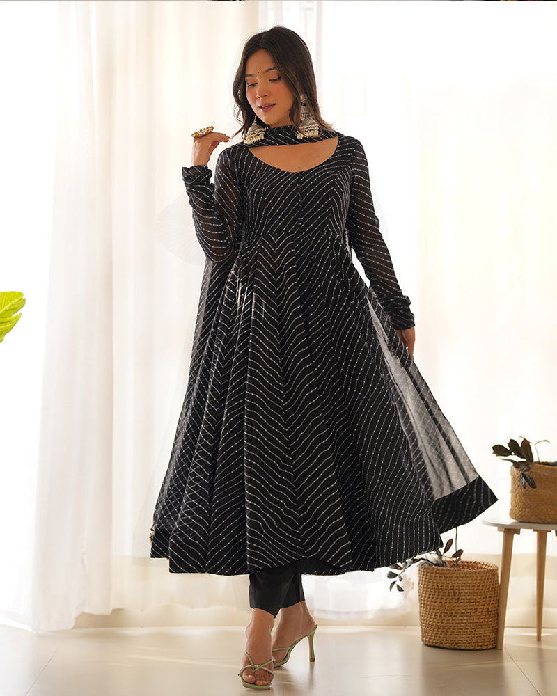 Womenline Black Color Laheriya Print Georgette Three Piece Anarkali Suit