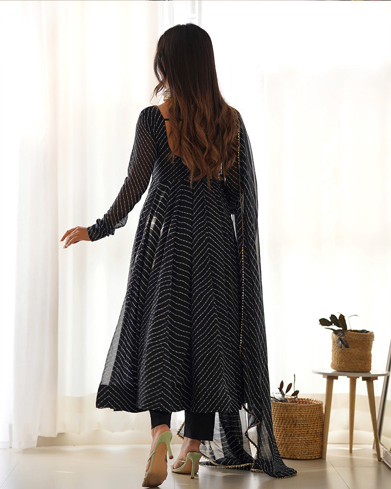 Womenline Black Color Laheriya Print Georgette Three Piece Anarkali Suit
