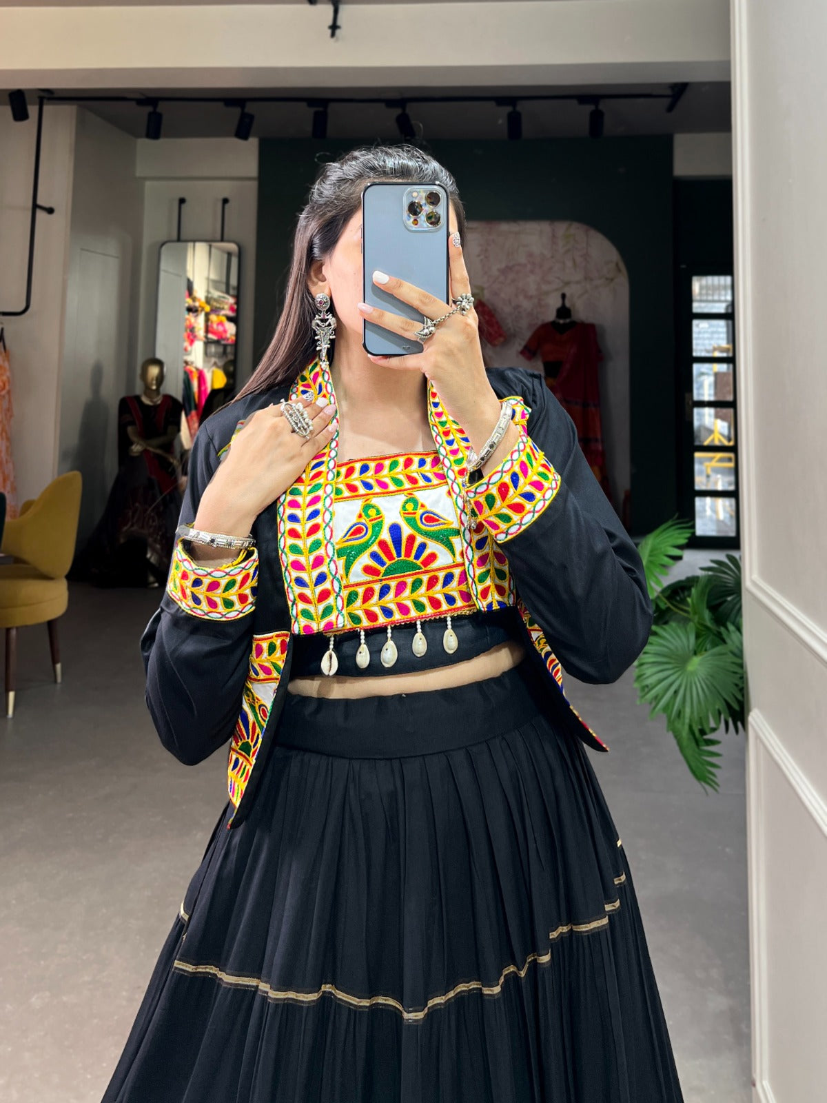 Womenline Black Color Pure Rayon Gamthi Navratri Lehenga Choli