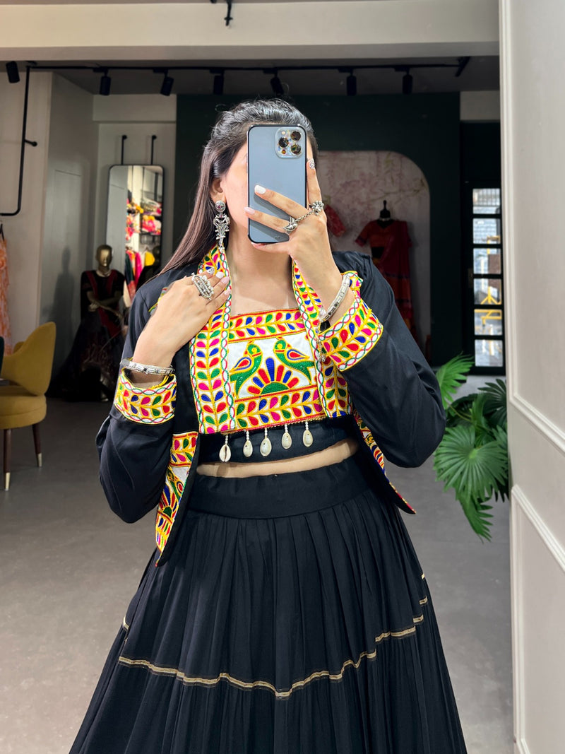 Womenline Black Color Pure Rayon Gamthi Navratri Lehenga Choli