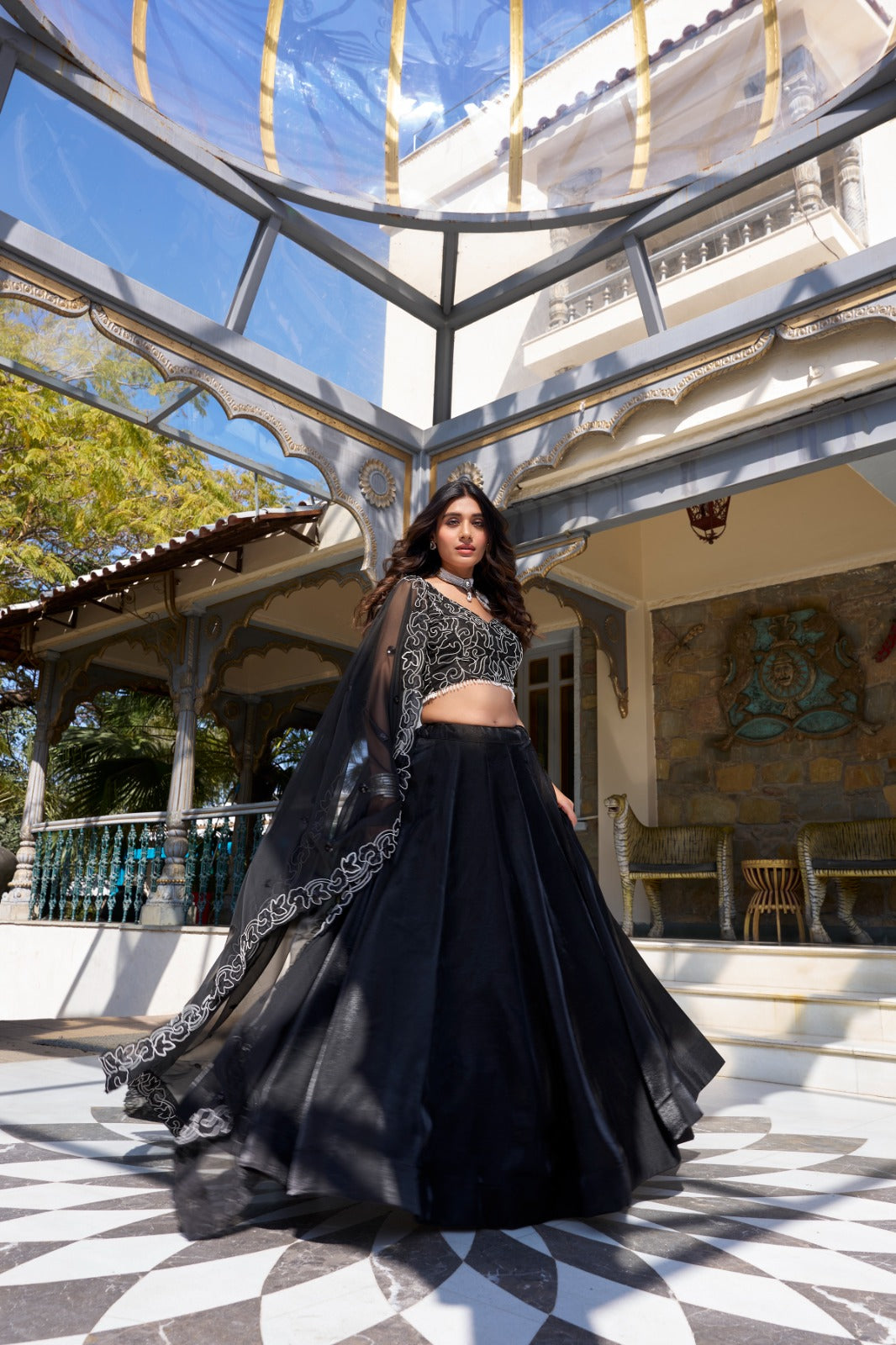 Womenline Black Color Star Satin Lehenga Choli