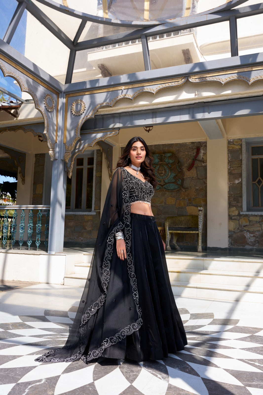 Womenline Black Color Star Satin Lehenga Choli