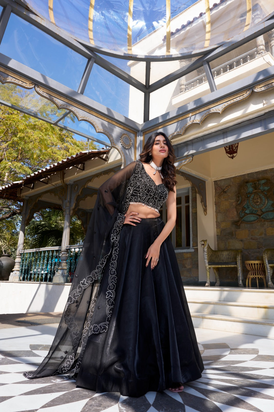 Womenline Black Color Star Satin Lehenga Choli