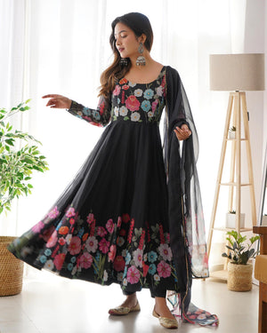 Womenline Black Floral Print Organza Three Piece Anarkali Suit