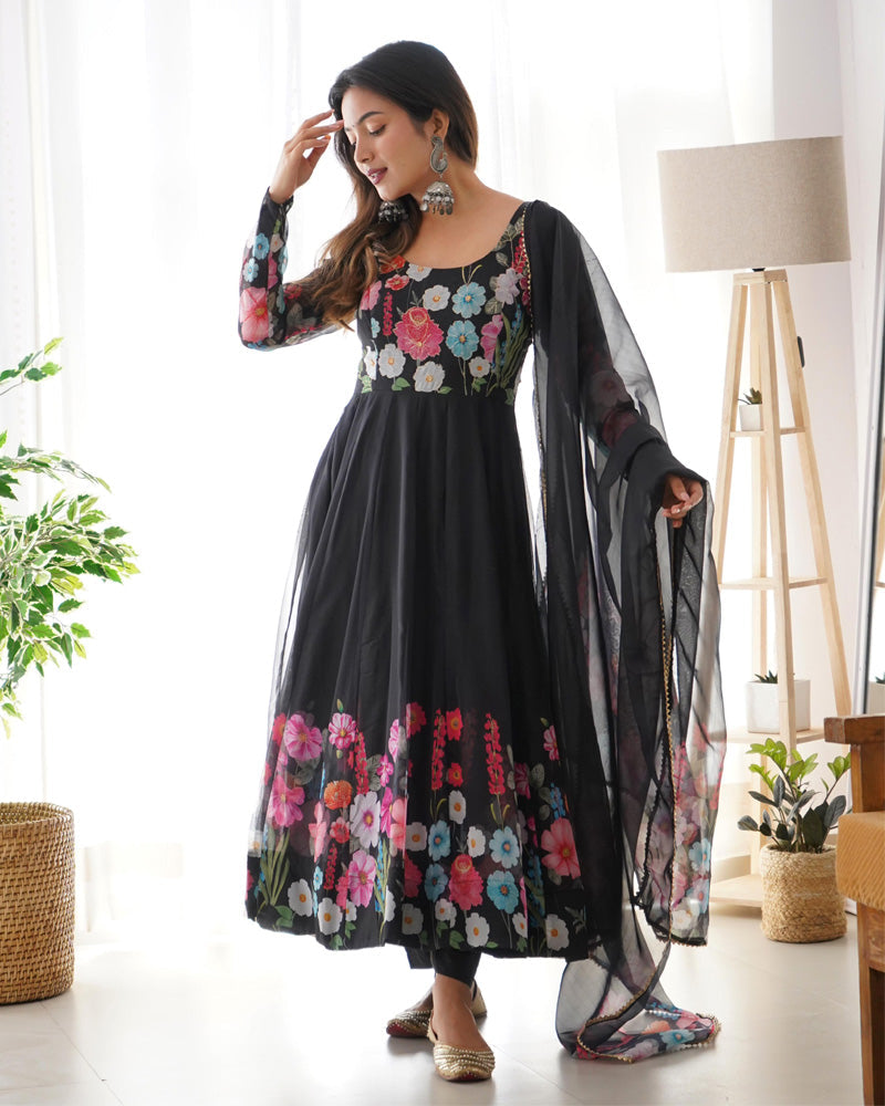 Womenline Black Floral Print Organza Three Piece Anarkali Suit