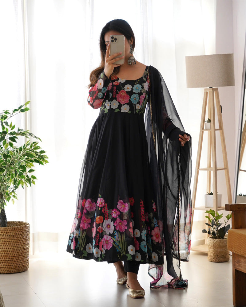 Womenline Black Floral Print Organza Three Piece Anarkali Suit