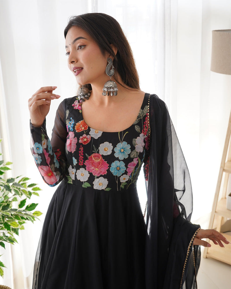 Womenline Black Floral Print Organza Three Piece Anarkali Suit