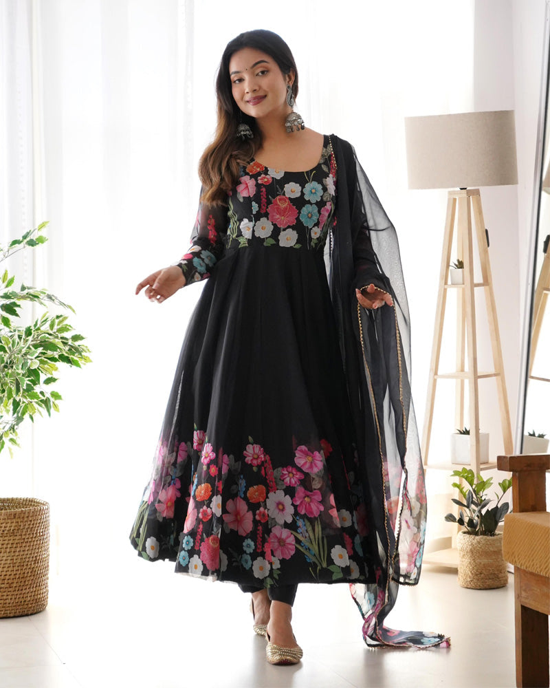 Womenline Black Floral Print Organza Three Piece Anarkali Suit