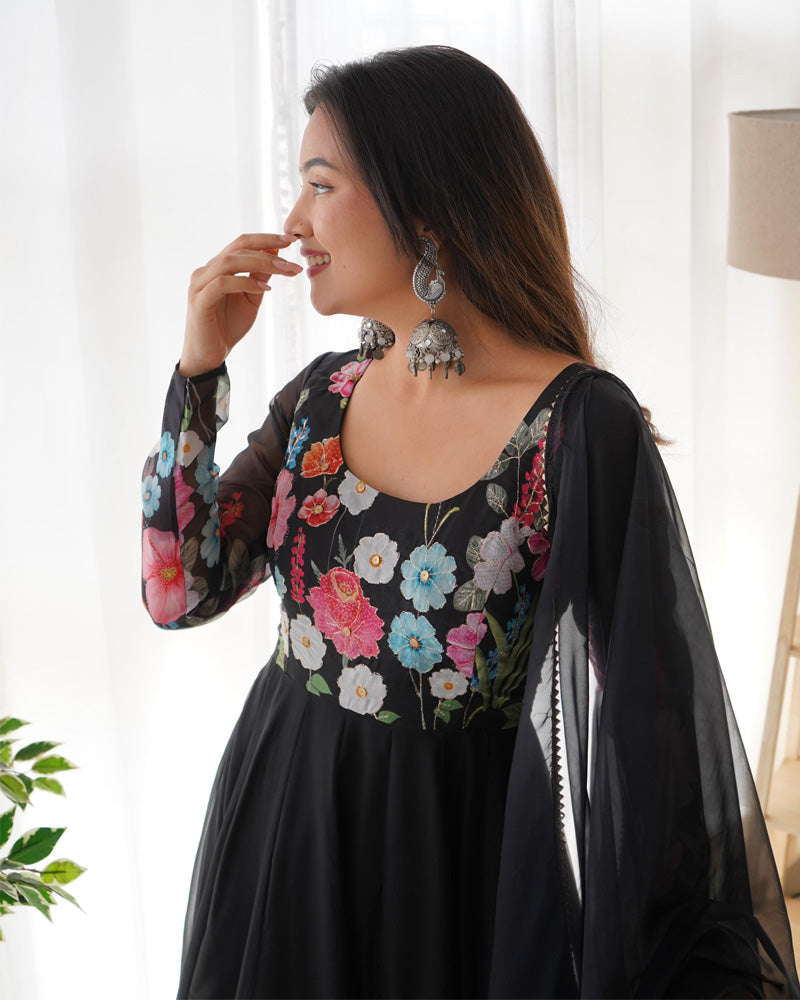 Womenline Black Floral Print Organza Three Piece Anarkali Suit