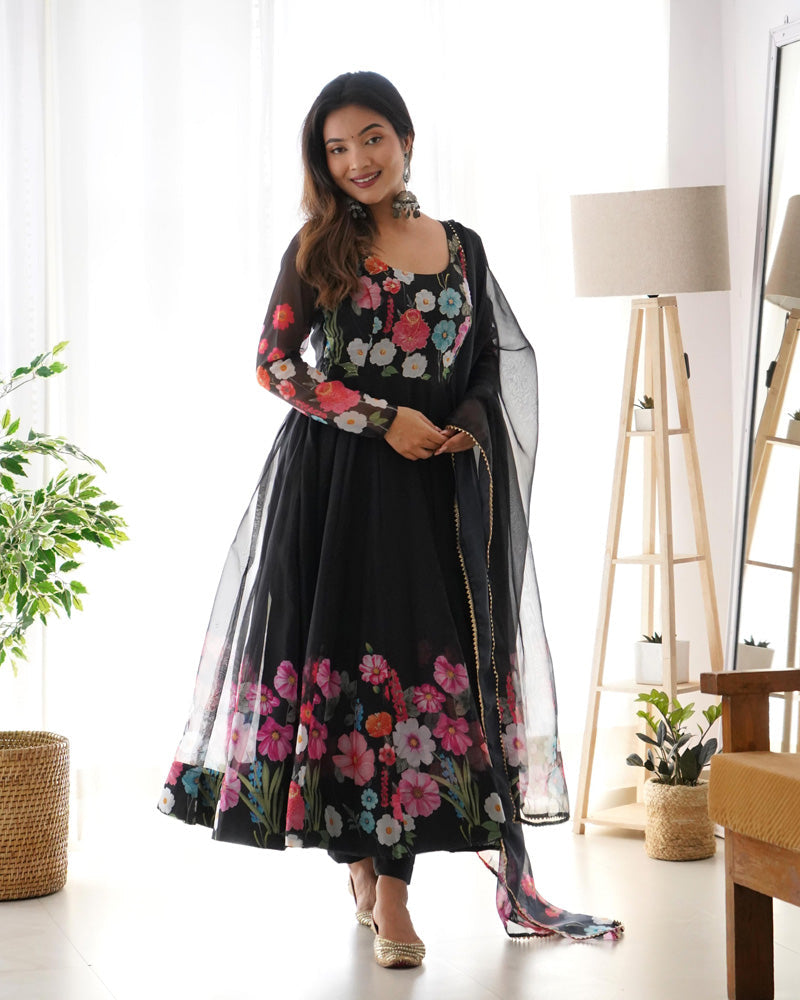 Womenline Black Floral Print Organza Three Piece Anarkali Suit