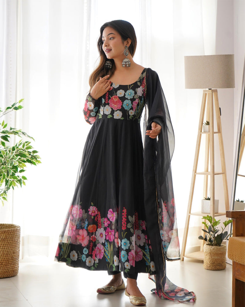 Womenline Black Floral Print Organza Three Piece Anarkali Suit