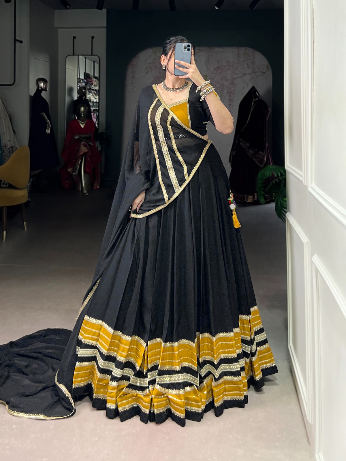 Womenline Black and Mustard Navratri Flared Navratri Lehenga Choli Set