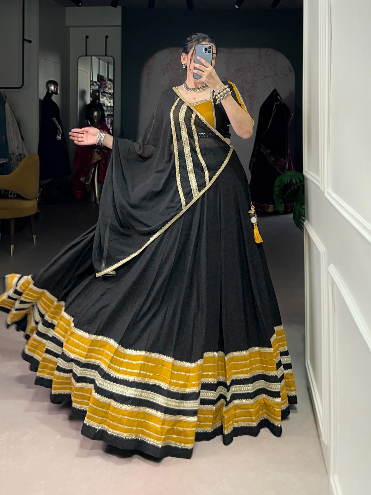 Womenline Black and Mustard Navratri Flared Navratri Lehenga Choli Set