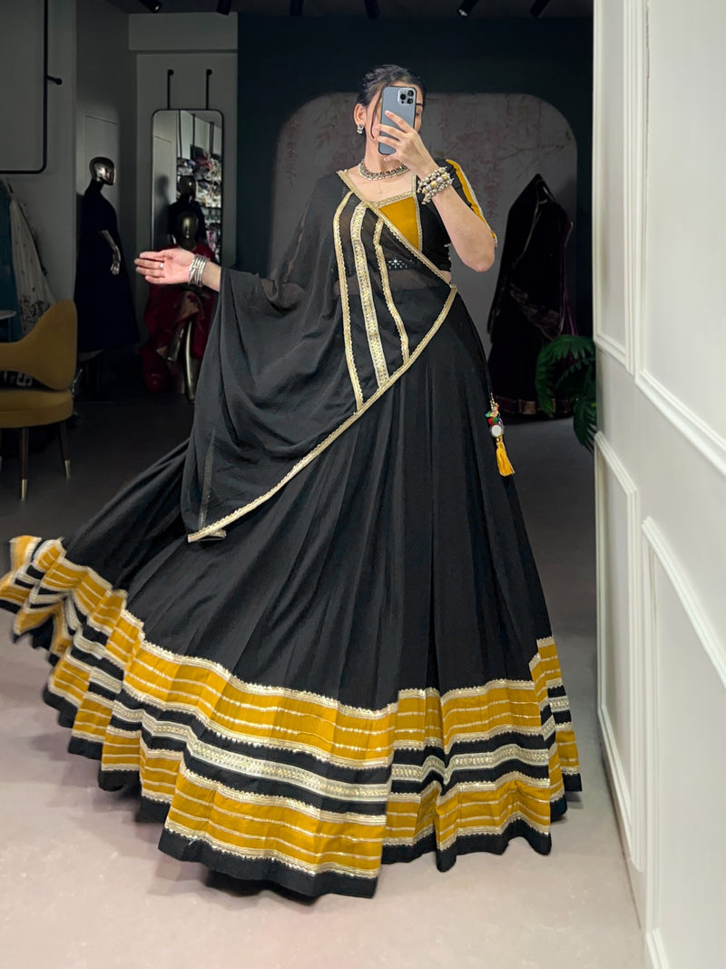 Womenline Black and Mustard Navratri Flared Navratri Lehenga Choli Set