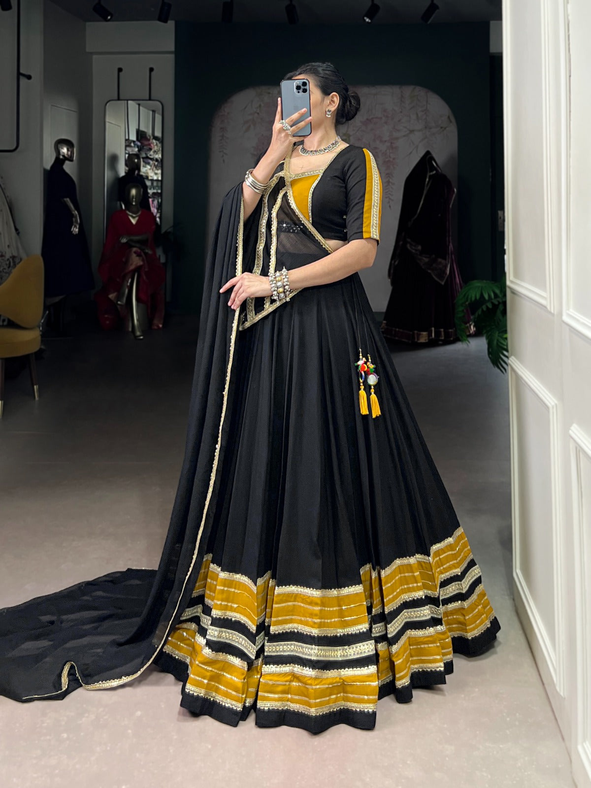 Womenline Black and Mustard Navratri Flared Navratri Lehenga Choli Set