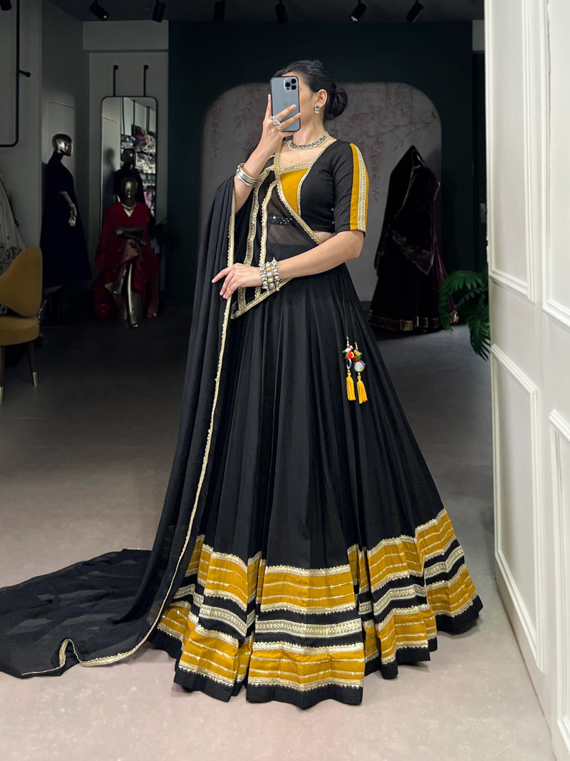 Womenline Black and Mustard Navratri Flared Navratri Lehenga Choli Set
