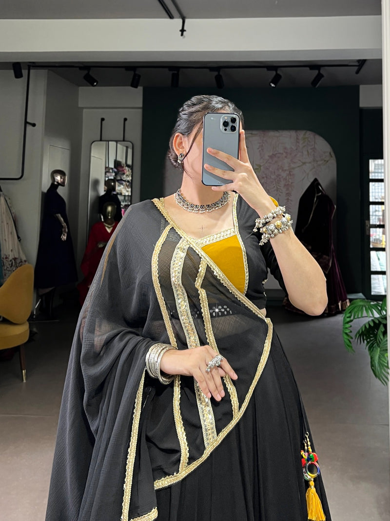 Womenline Black and Mustard Navratri Flared Navratri Lehenga Choli Set