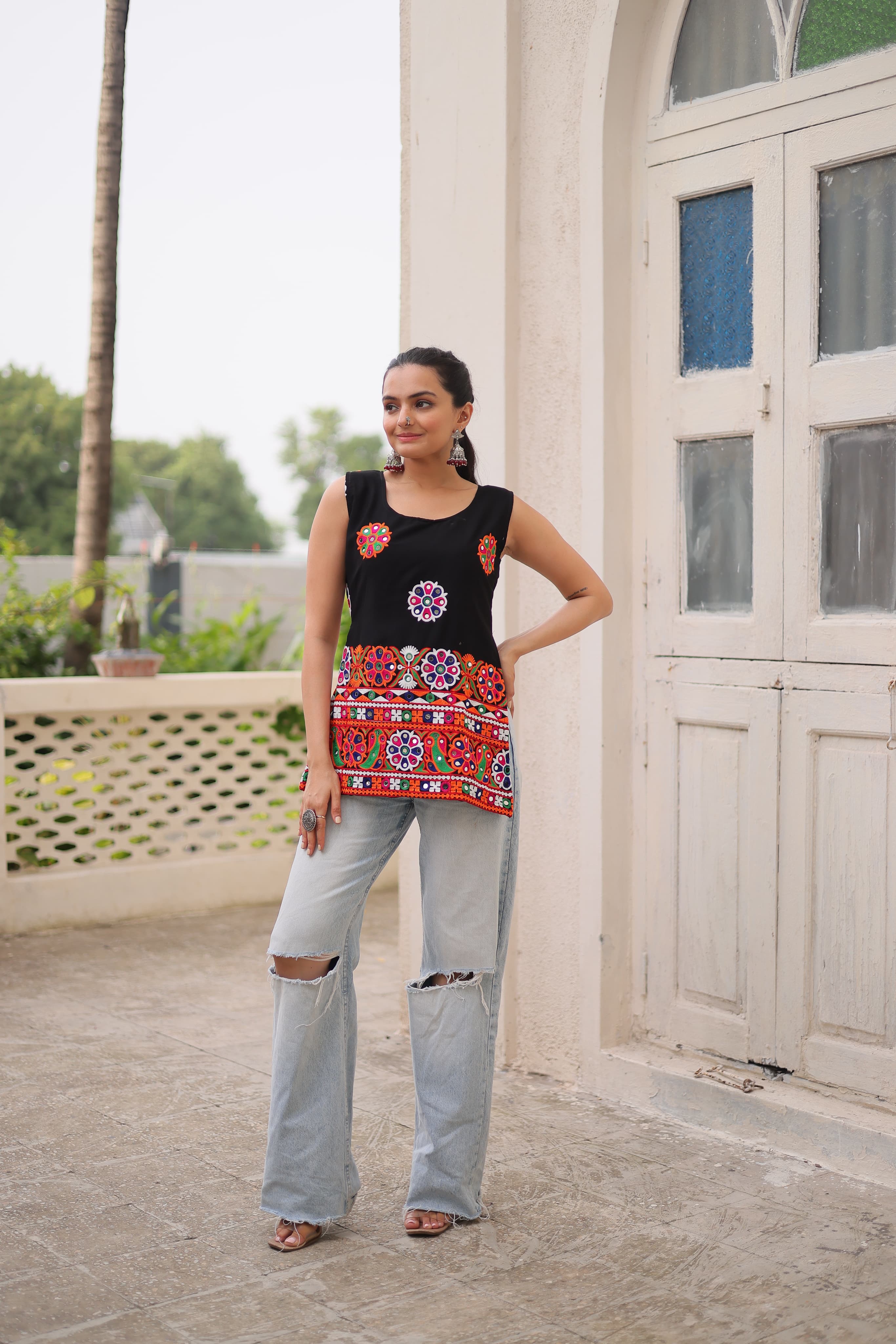 Womenline Black color Georgette Navratri Tunic