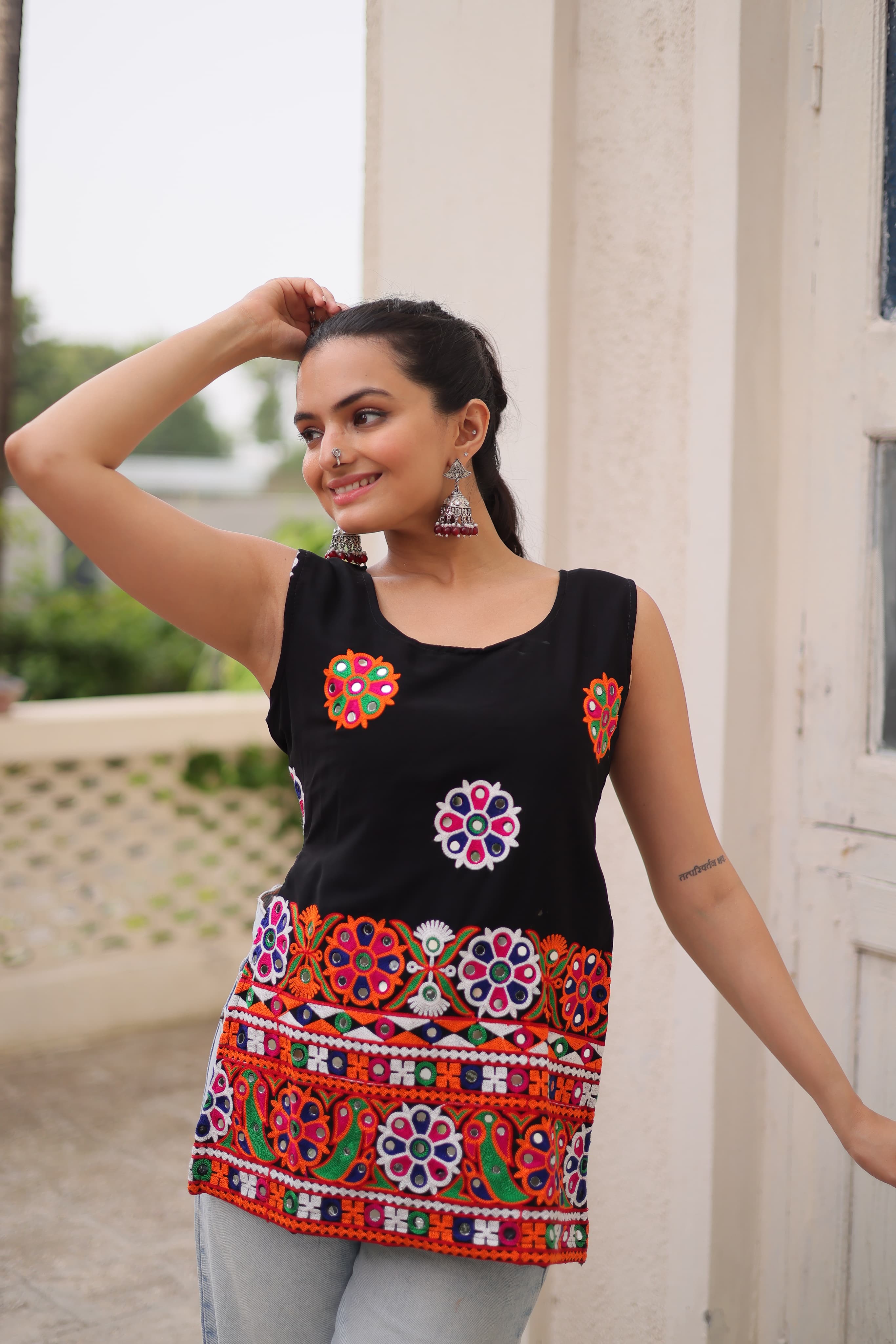 Womenline Black color Georgette Navratri Tunic