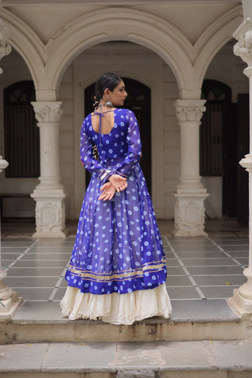 Womenline Blue Color Bandhani Print Kurti With Kora Cotton Lehenga