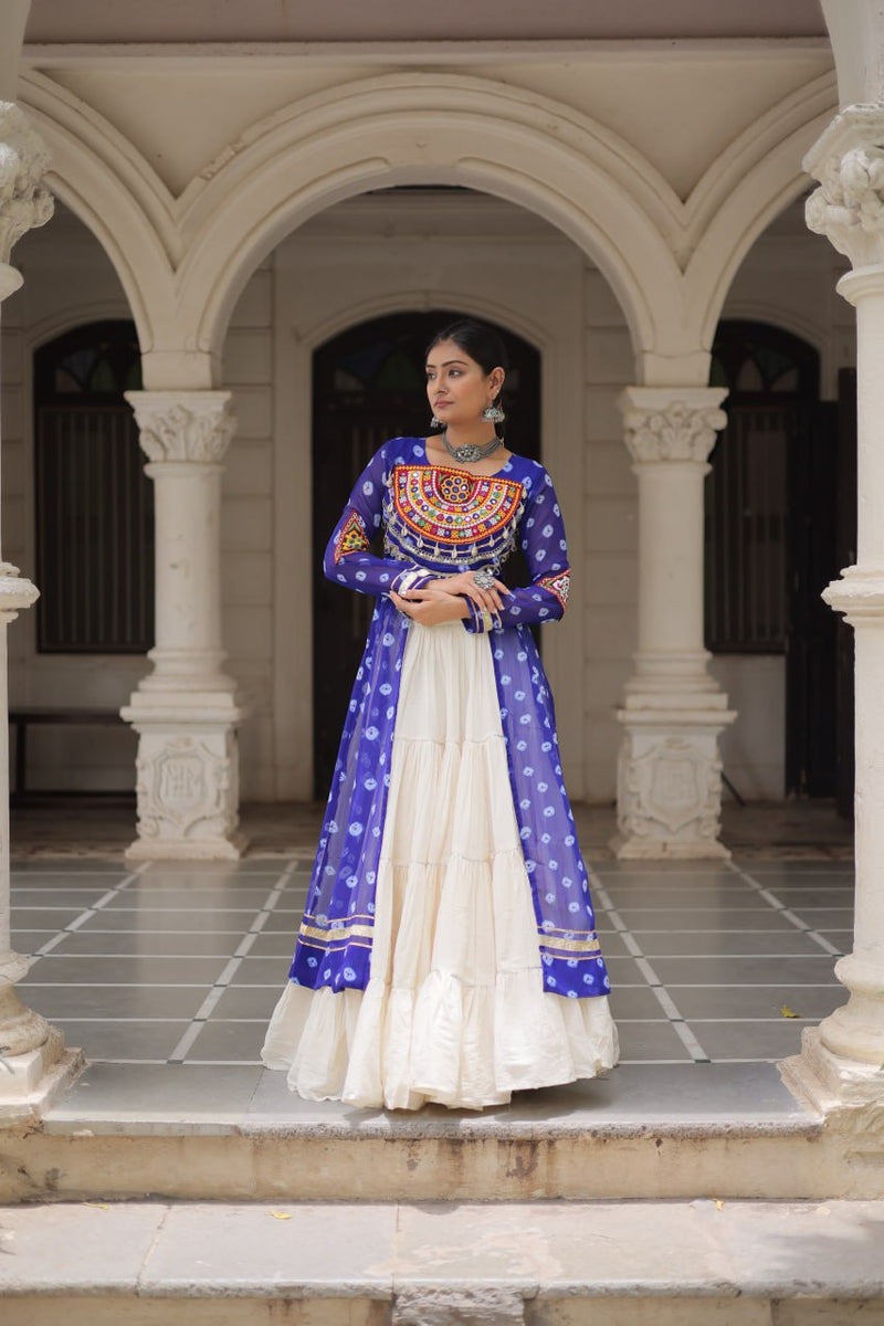 Womenline Blue Color Bandhani Print Kurti With Kora Cotton Lehenga