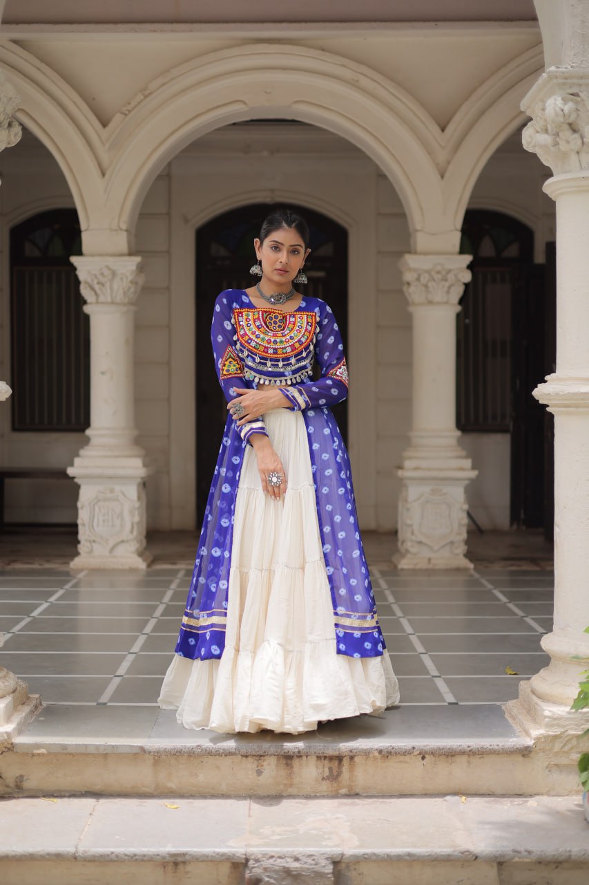 Womenline Blue Color Bandhani Print Kurti With Kora Cotton Lehenga