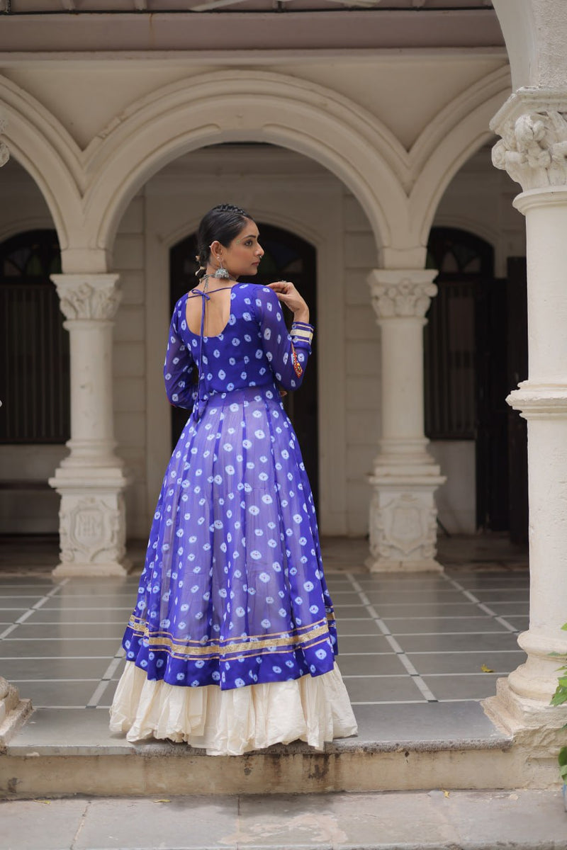 Womenline Blue Color Bandhani Print Kurti With Kora Cotton Lehenga