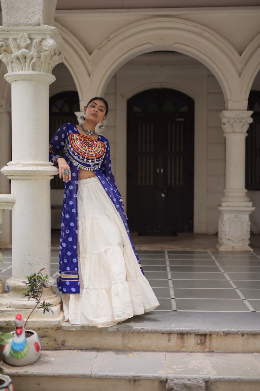 Womenline Blue Color Bandhani Print Kurti With Kora Cotton Lehenga