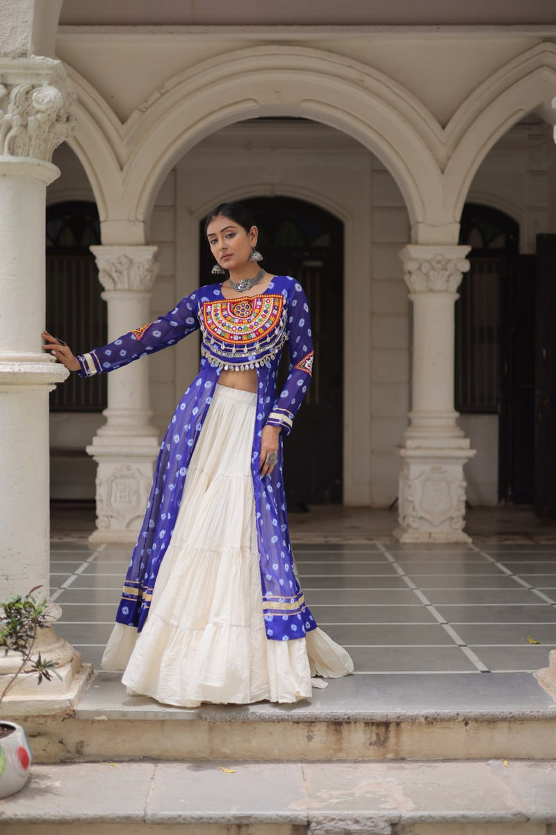 Womenline Blue Color Bandhani Print Kurti With Kora Cotton Lehenga