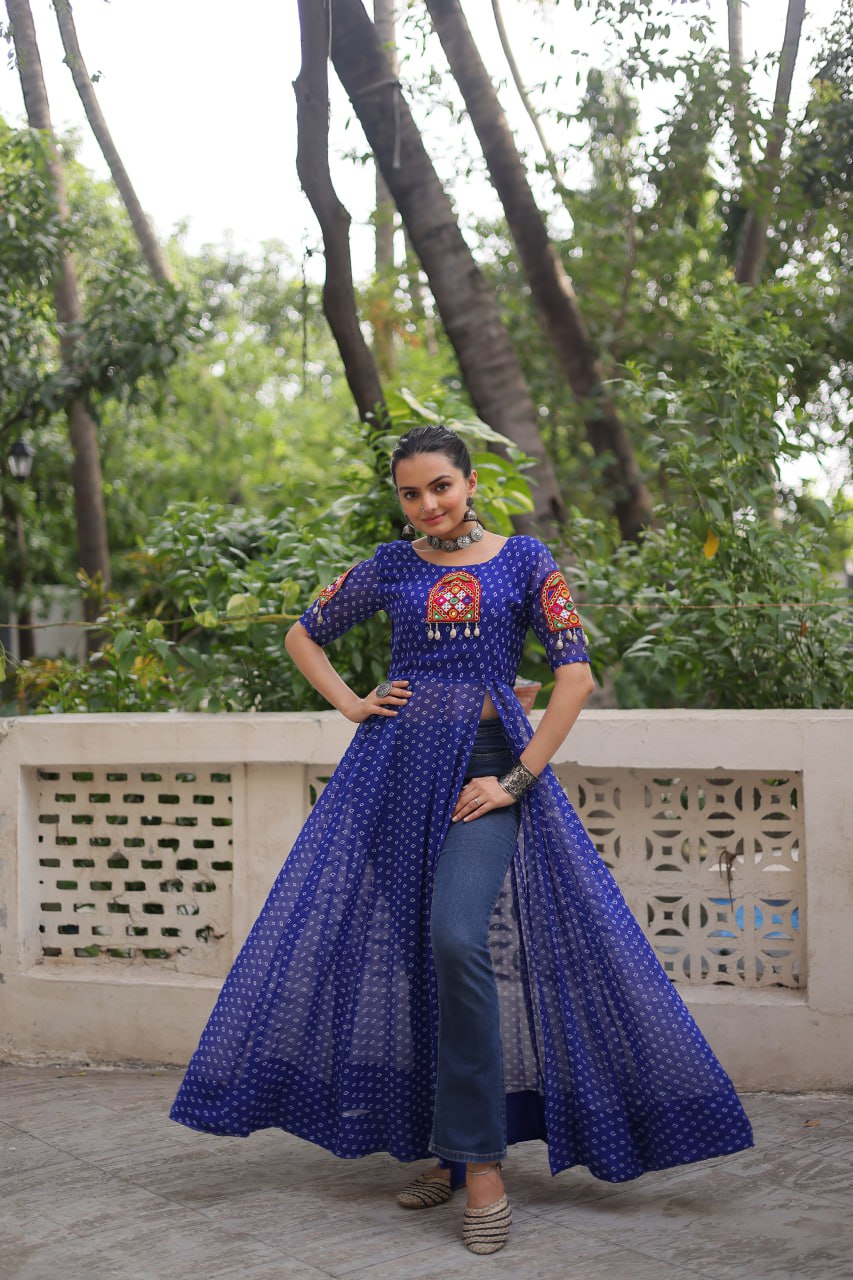 Womenline Blue Color Faux Georgette Navratri Kurti