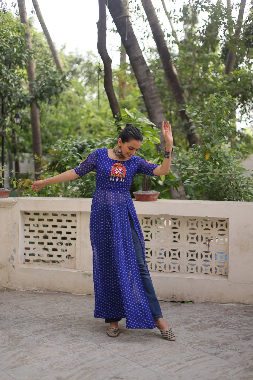 Womenline Blue Color Faux Georgette Navratri Kurti