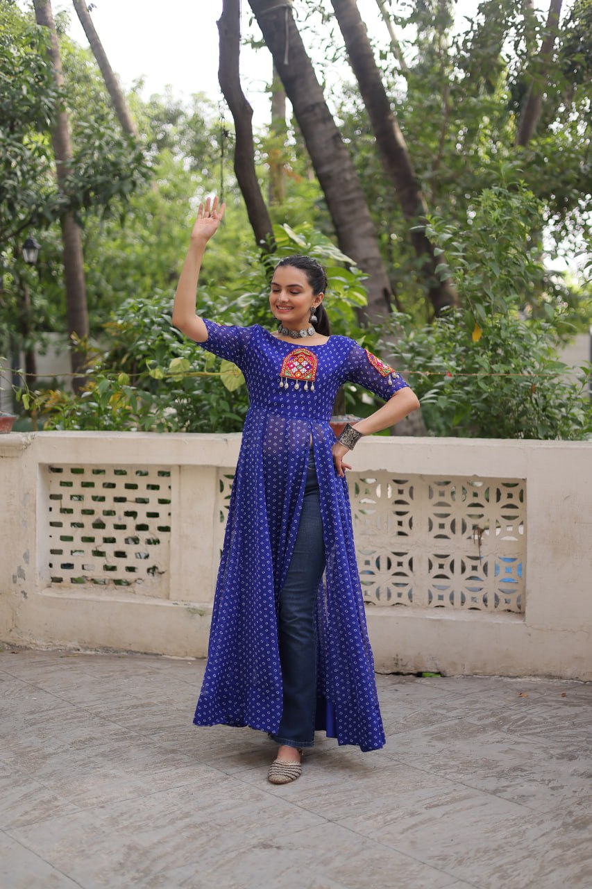 Womenline Blue Color Faux Georgette Navratri Kurti