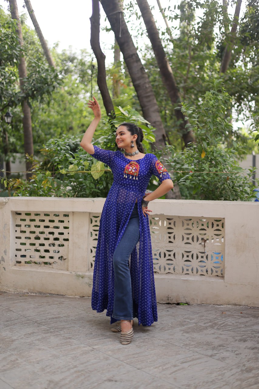 Womenline Blue Color Faux Georgette Navratri Kurti