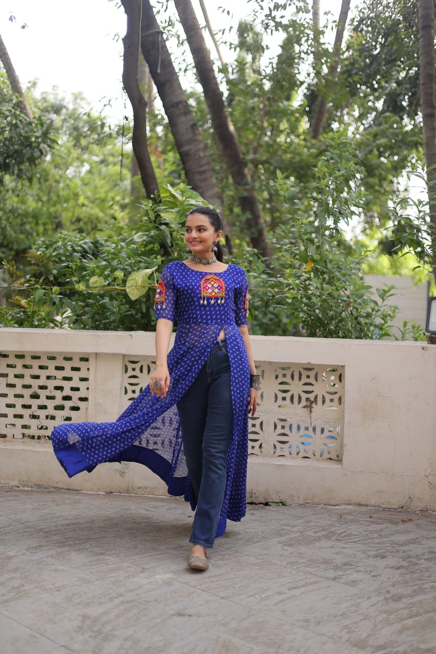 Womenline Blue Color Faux Georgette Navratri Kurti