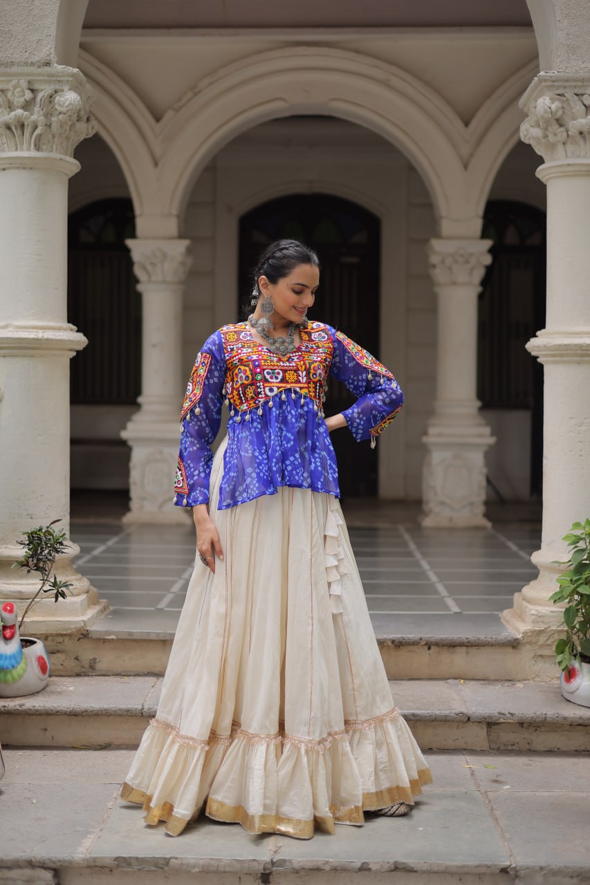 Womenline Blue Color Kora Cotton Navratri Lehenga Choli