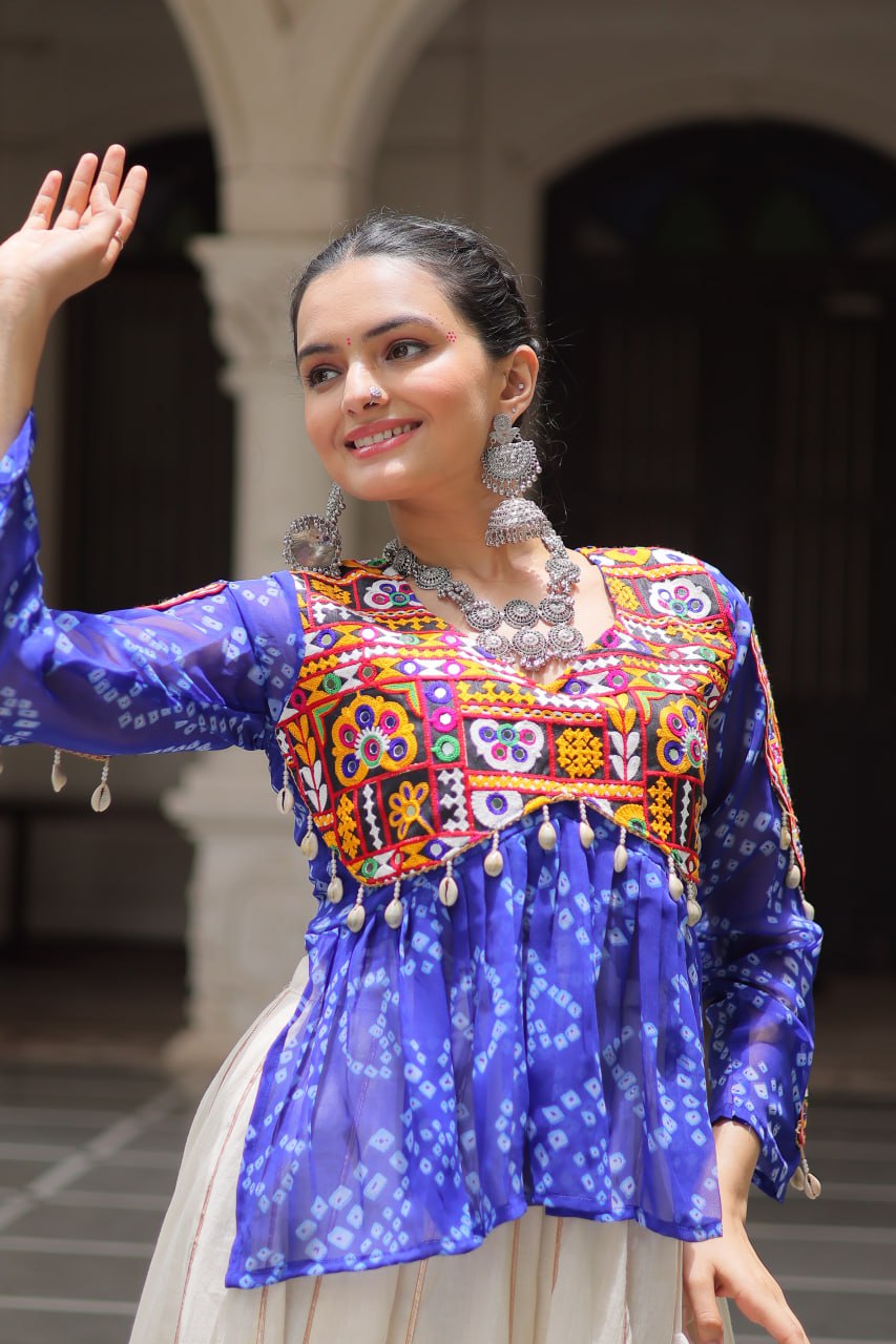 Womenline Blue Color Kora Cotton Navratri Lehenga Choli