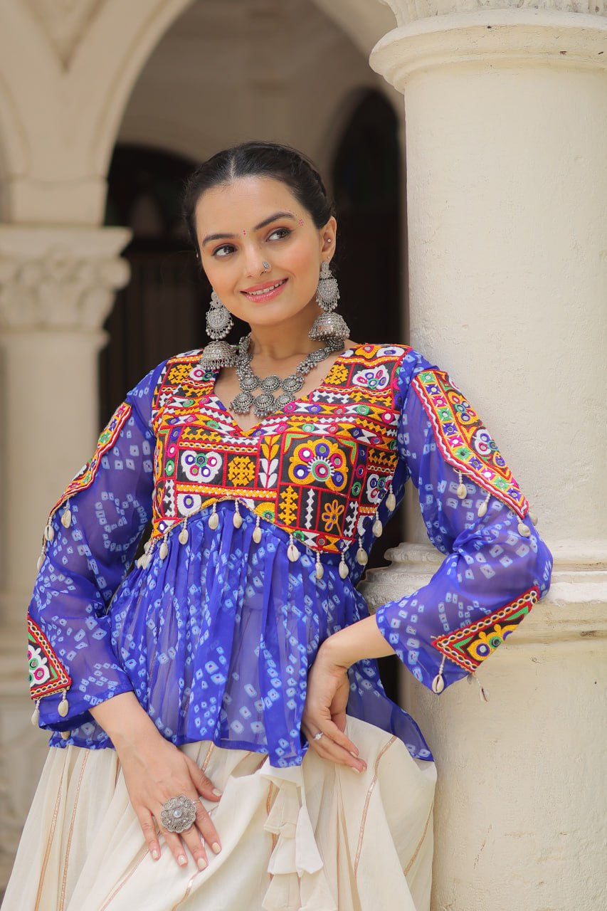 Womenline Blue Color Kora Cotton Navratri Lehenga Choli