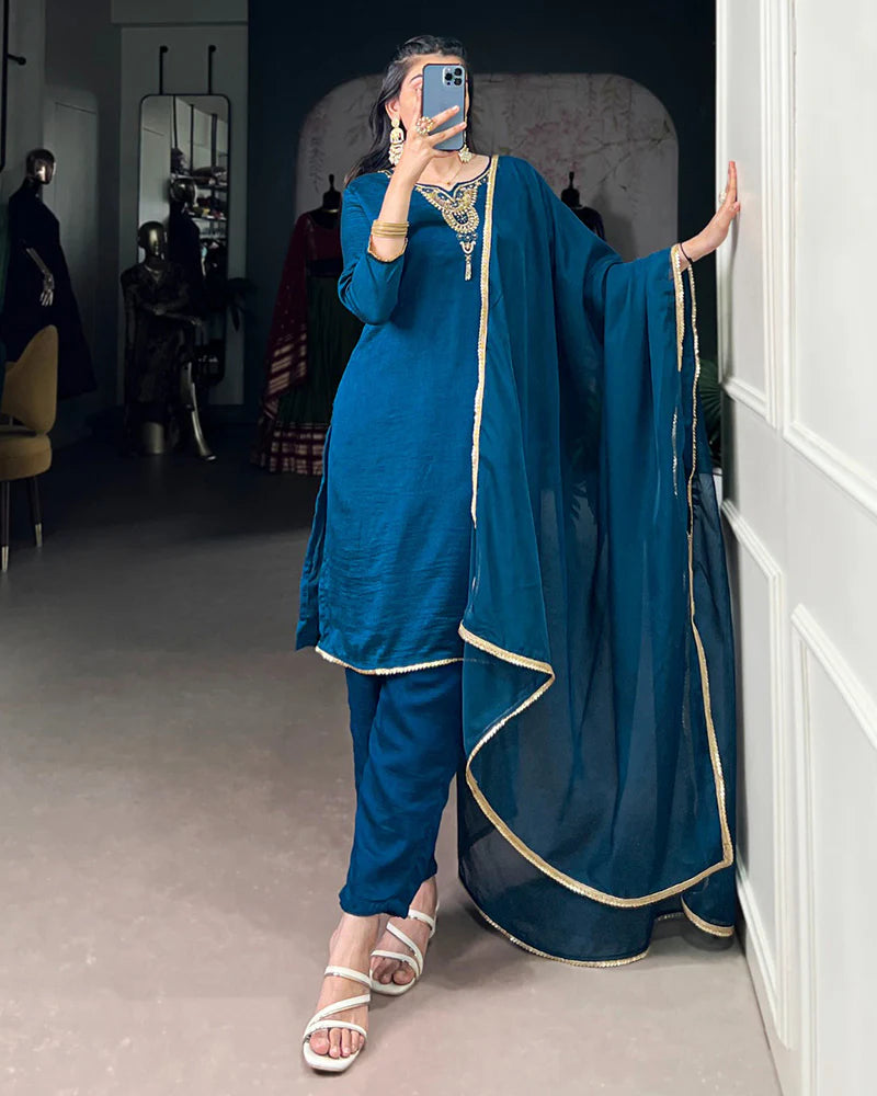 Womenline Blue Color Vichitra Silk Three Piece Kurti Suit