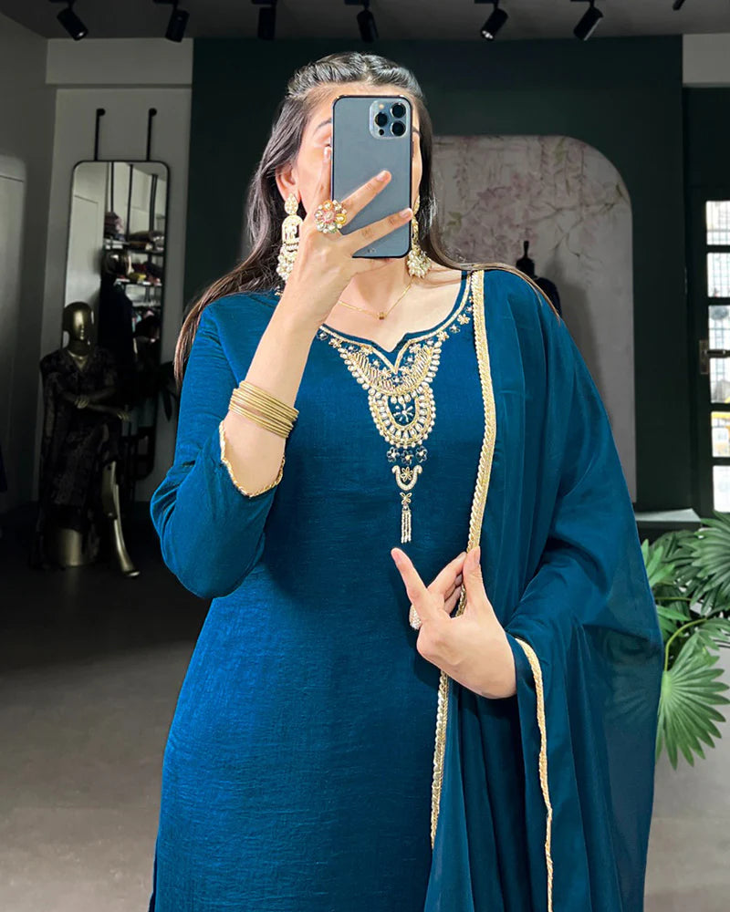 Womenline Blue Color Vichitra Silk Three Piece Kurti Suit