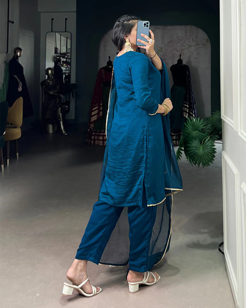 Womenline Blue Color Vichitra Silk Three Piece Kurti Suit