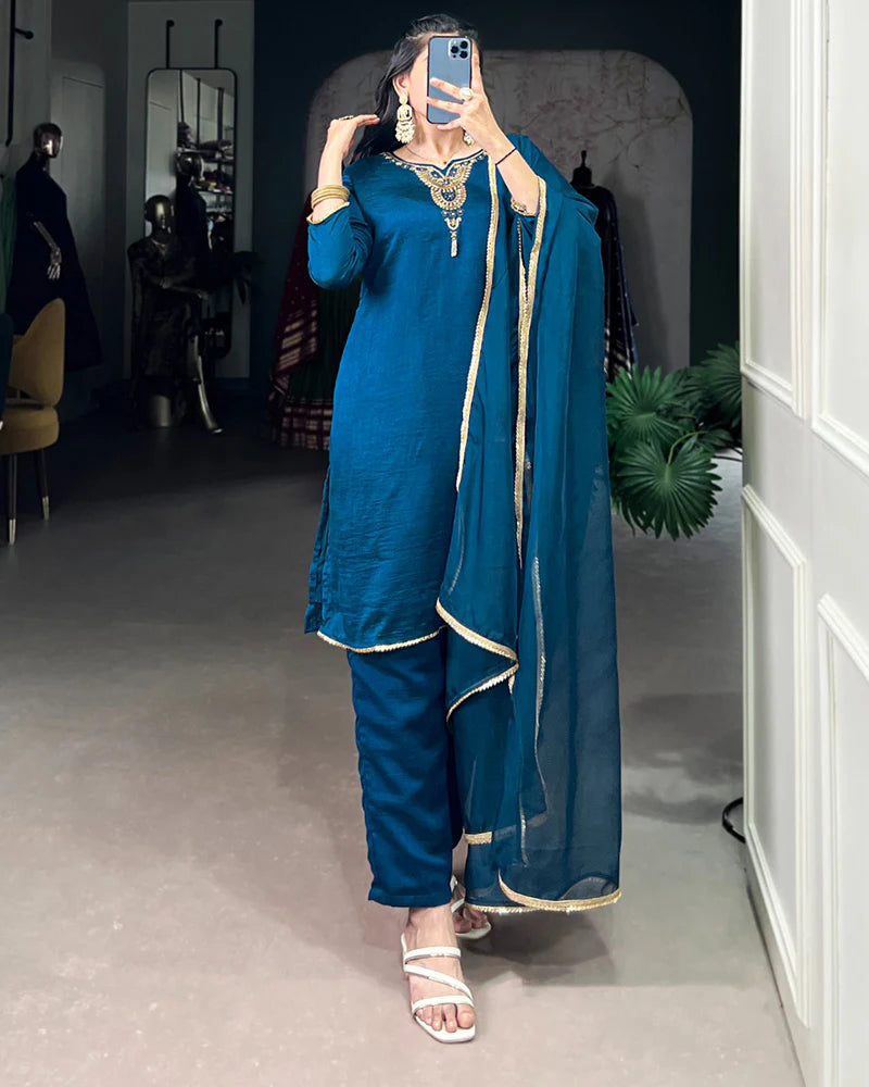 Womenline Blue Color Vichitra Silk Three Piece Kurti Suit