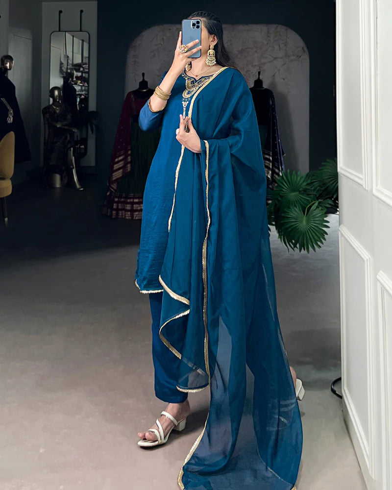 Womenline Blue Color Vichitra Silk Three Piece Kurti Suit
