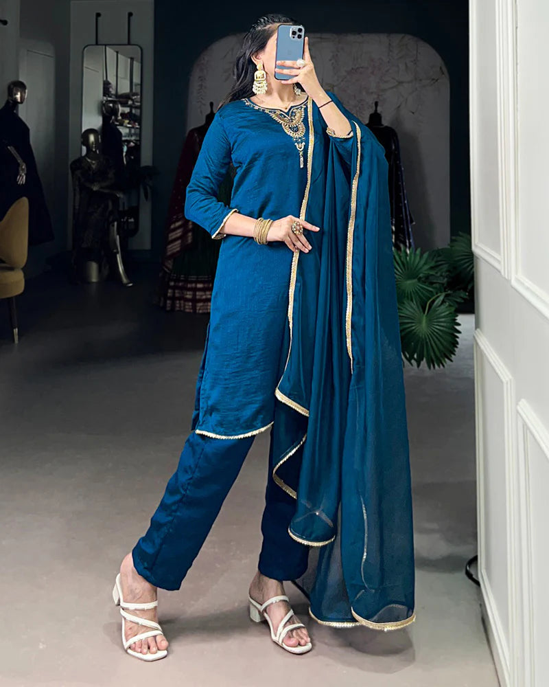 Womenline Blue Color Vichitra Silk Three Piece Kurti Suit